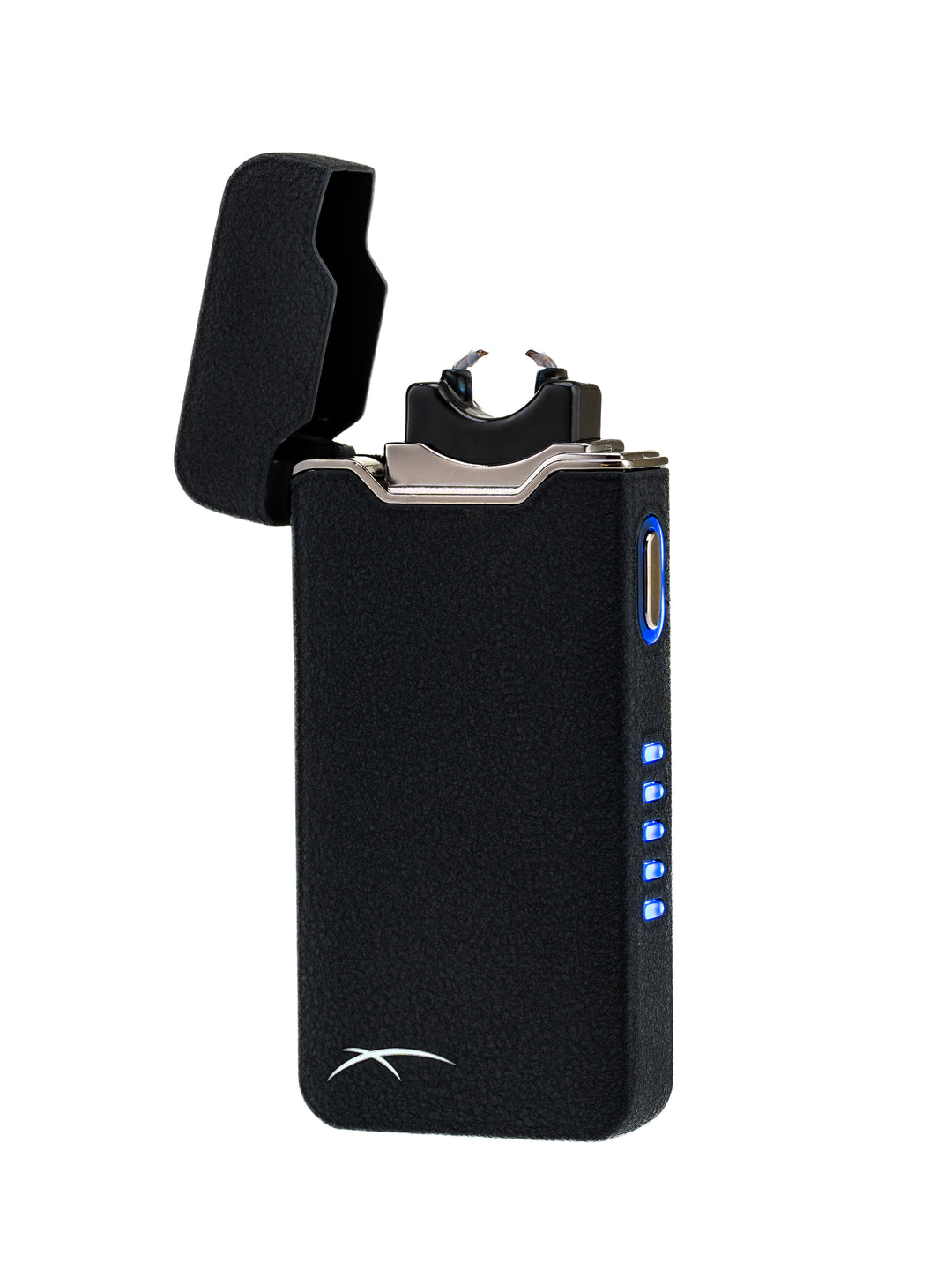 Black Flare lighter with lid open and LED power bar illuminated
