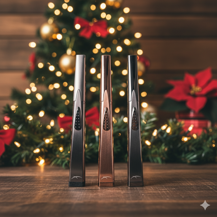 Three metallic objects on a wooden surface with a festive background featuring a Christmas tree and poinsettias.