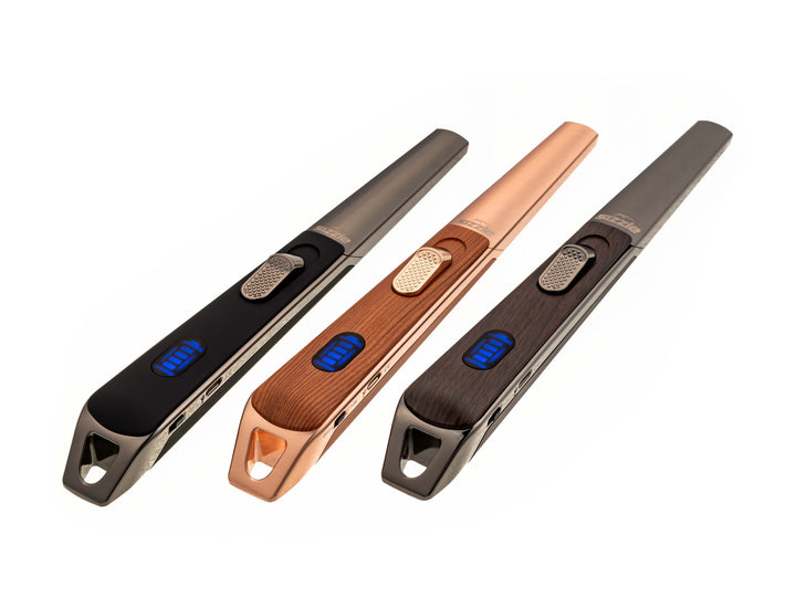 Three Sizzle LUX USB rechargeable lighters in Black, Oak, and Walnut finish.