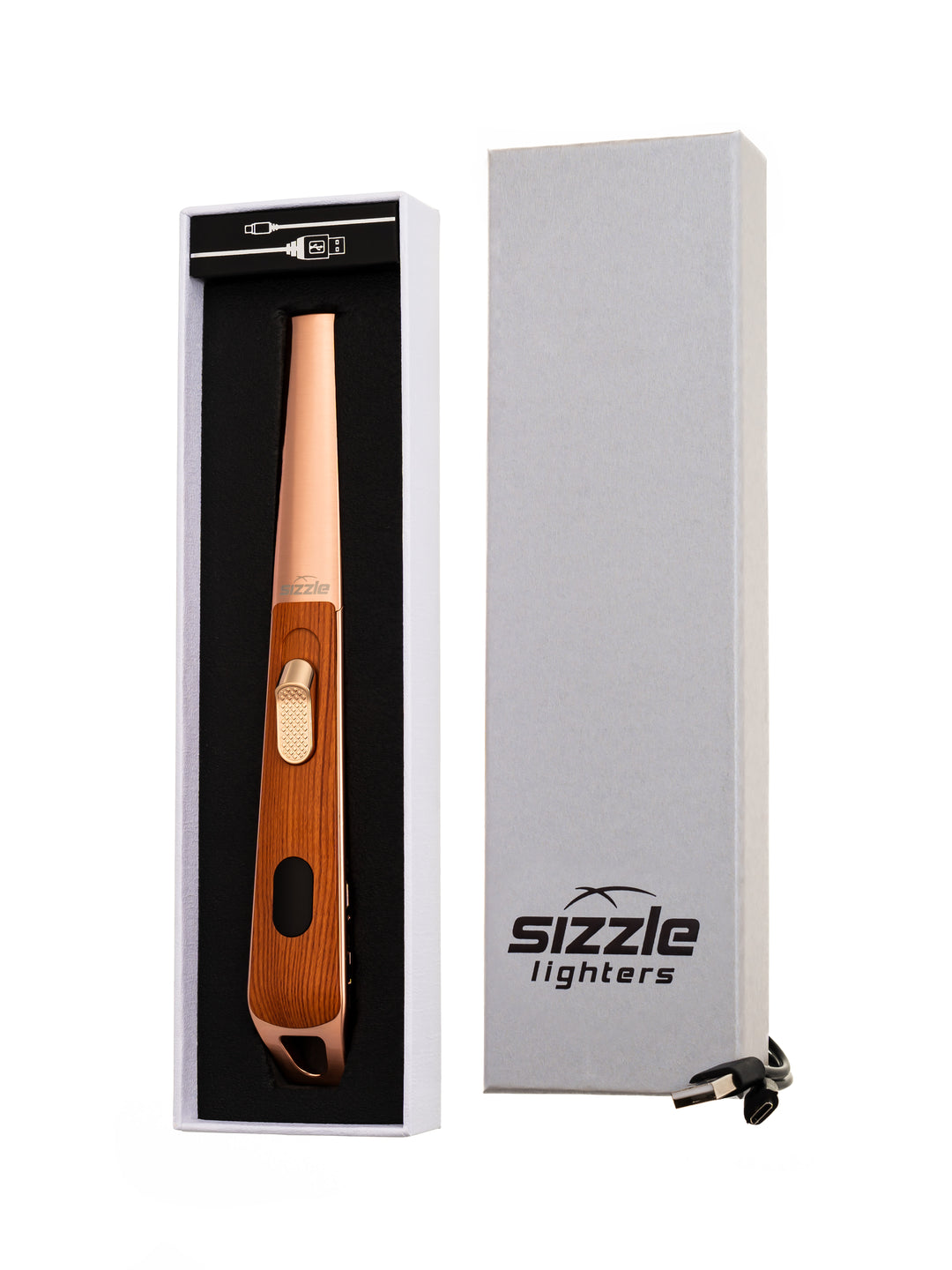 Sizzle LUX USB rechargeable lighter in Oak finish displayed inside gift box with USB charge cord