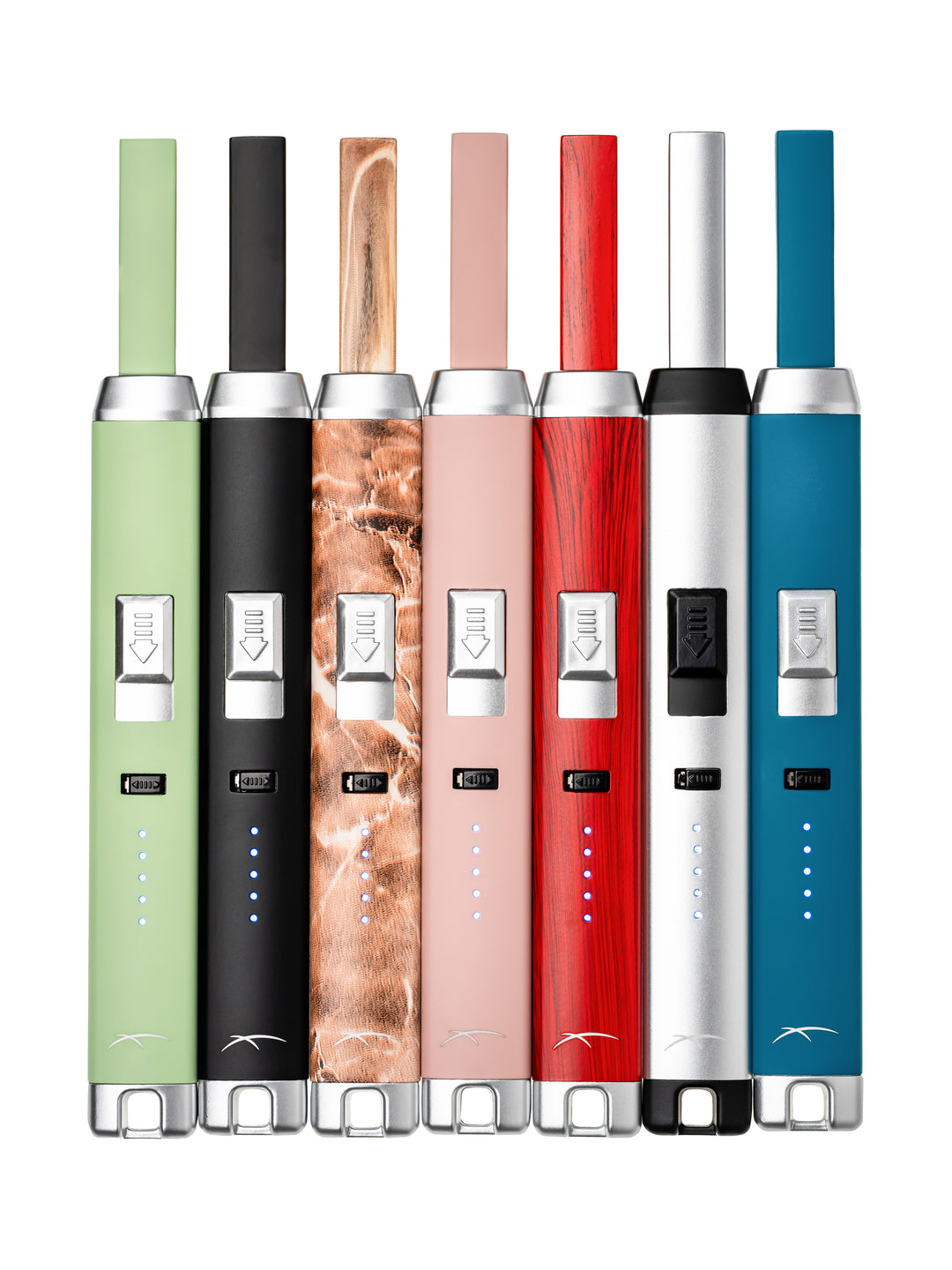 Sizzle Pitmaster USB rechargeable lighters in Aloe, Black, Brown, Pink, Redwood, Silver and Teal colors
