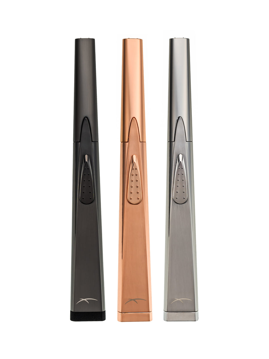 Three (3) Sizzle Sleek USB rechargeable lighters in pewter, rose gold and silver metal casing