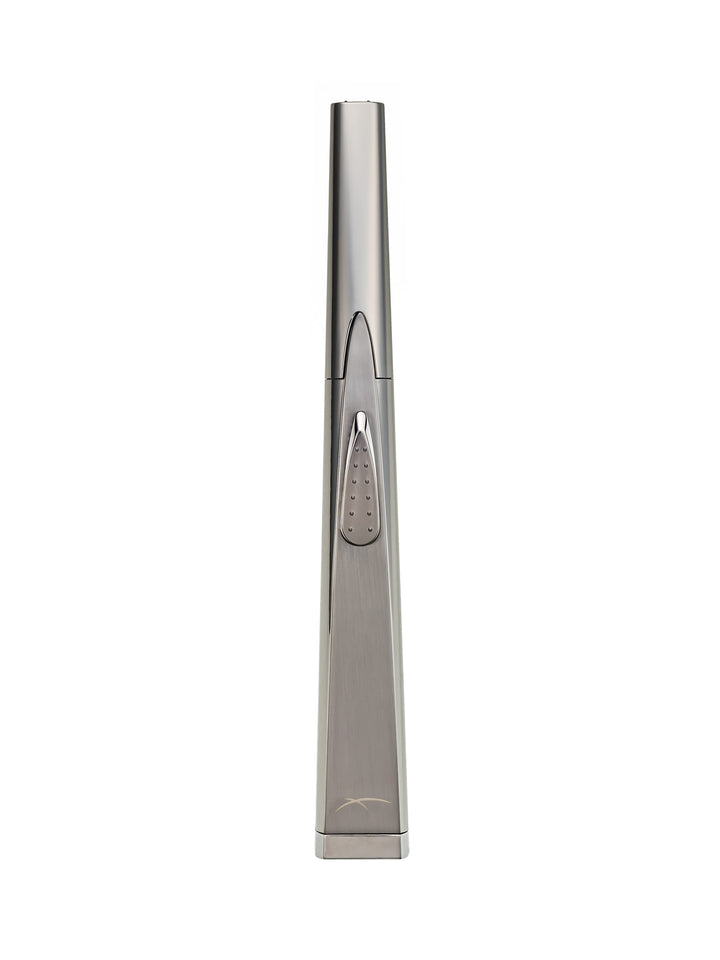 Sizzle Sleek USB rechargeable lighter in silver metal casing standing upright