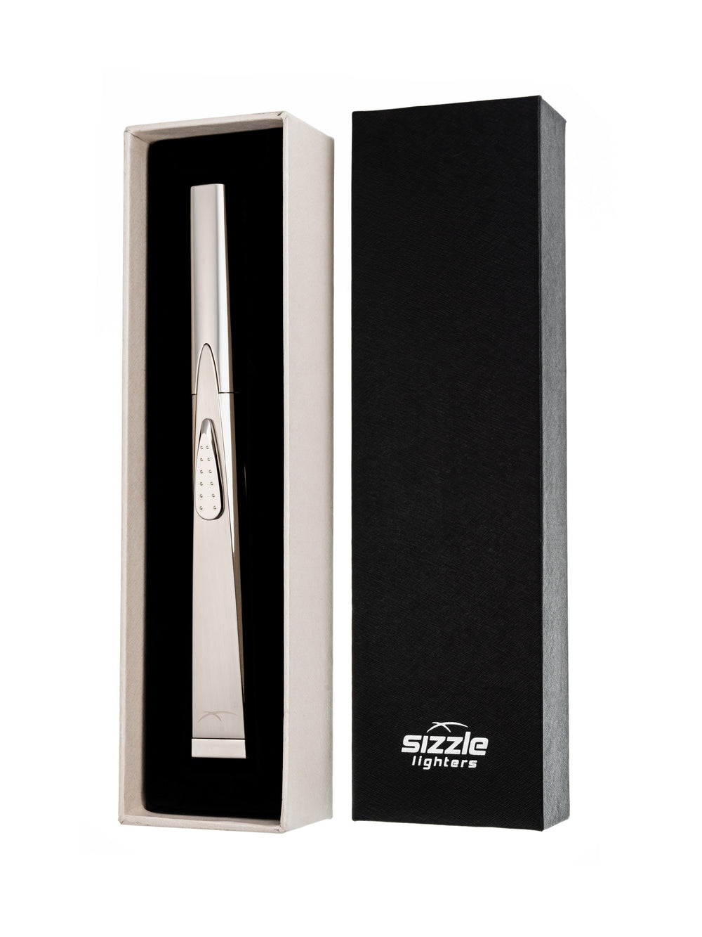 Sizzle Sleek USB rechargeable lighter in silver metal casing displayed in white and black gift box