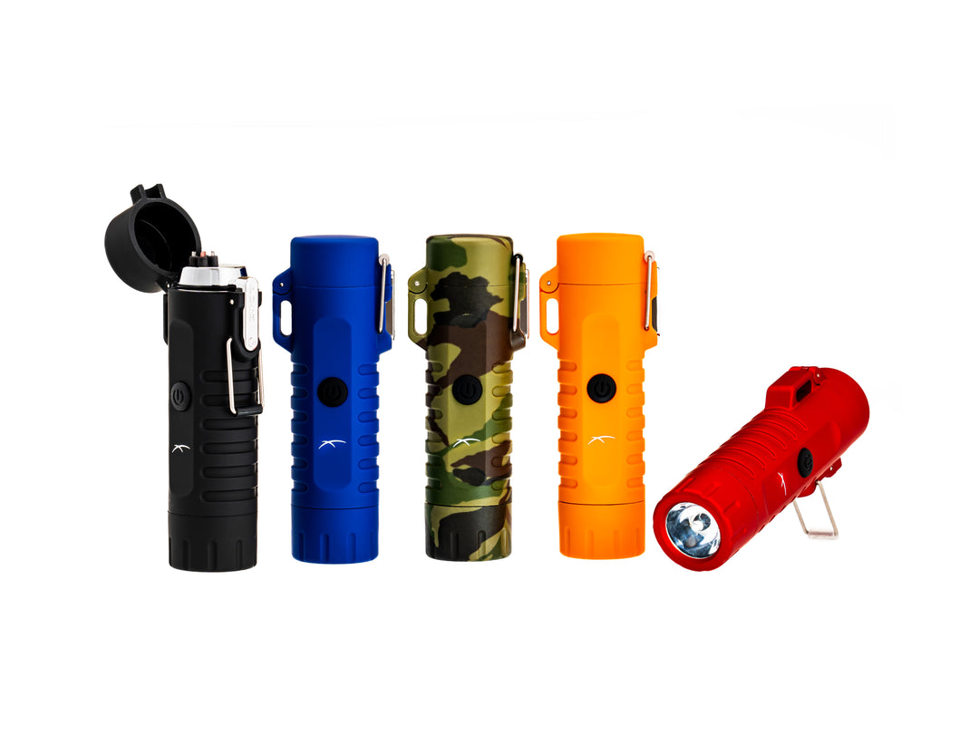 Five (5) Sizzle Survival USB rechargeable lighter/ flashlights in black, blue, camouflage, orange and red waterproof casings  