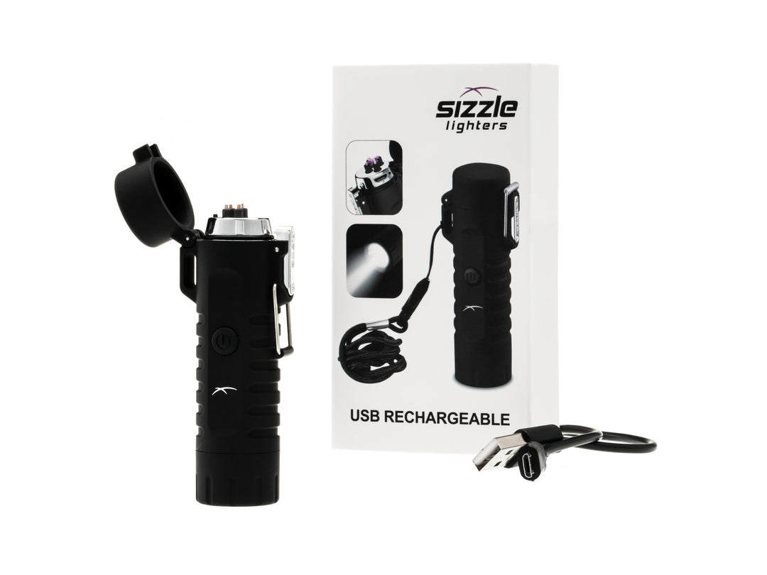 A Sizzle Survival USB rechargeable lighter/flashlight in black waterproof casing with lid open beside product box and USB charge cable