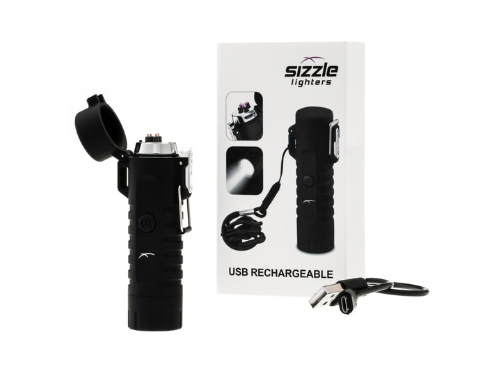 A Sizzle Survival USB rechargeable lighter/flashlight in black waterproof casing with lid open beside product box and USB charge cable