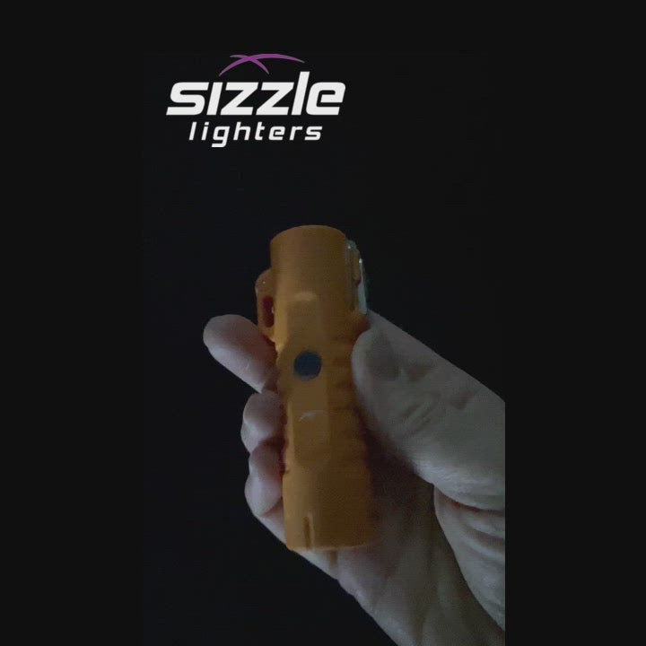 Sizzle Survival USB rechargeable lighter/flashlight in orange waterproof casing being demonstrated