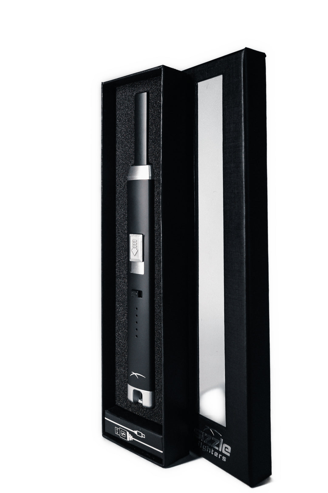 Sizzle Pitmaster USB rechargeable lighter in black color displayed in a black gift box