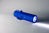 Blue Survival Lighter with flashlight on